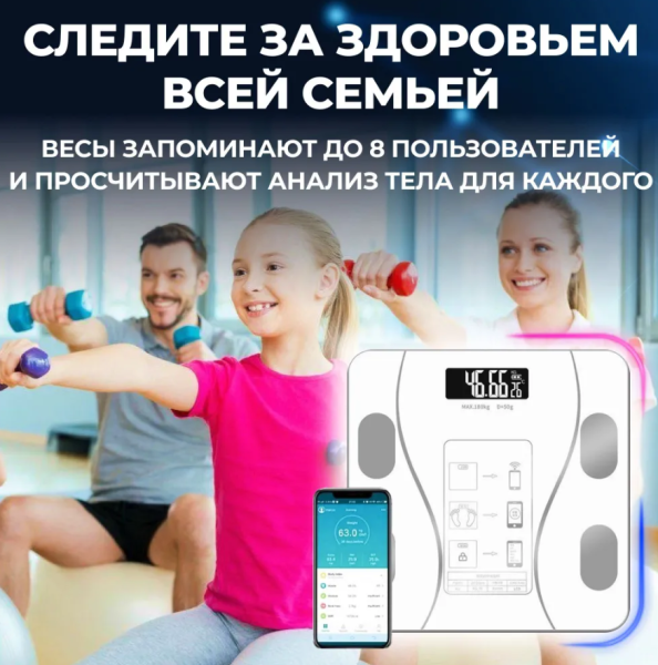 Умные напольные весы Bluetooth Smart Scale (12 показателей тела) / Весы с приложением до 180 кг., белые